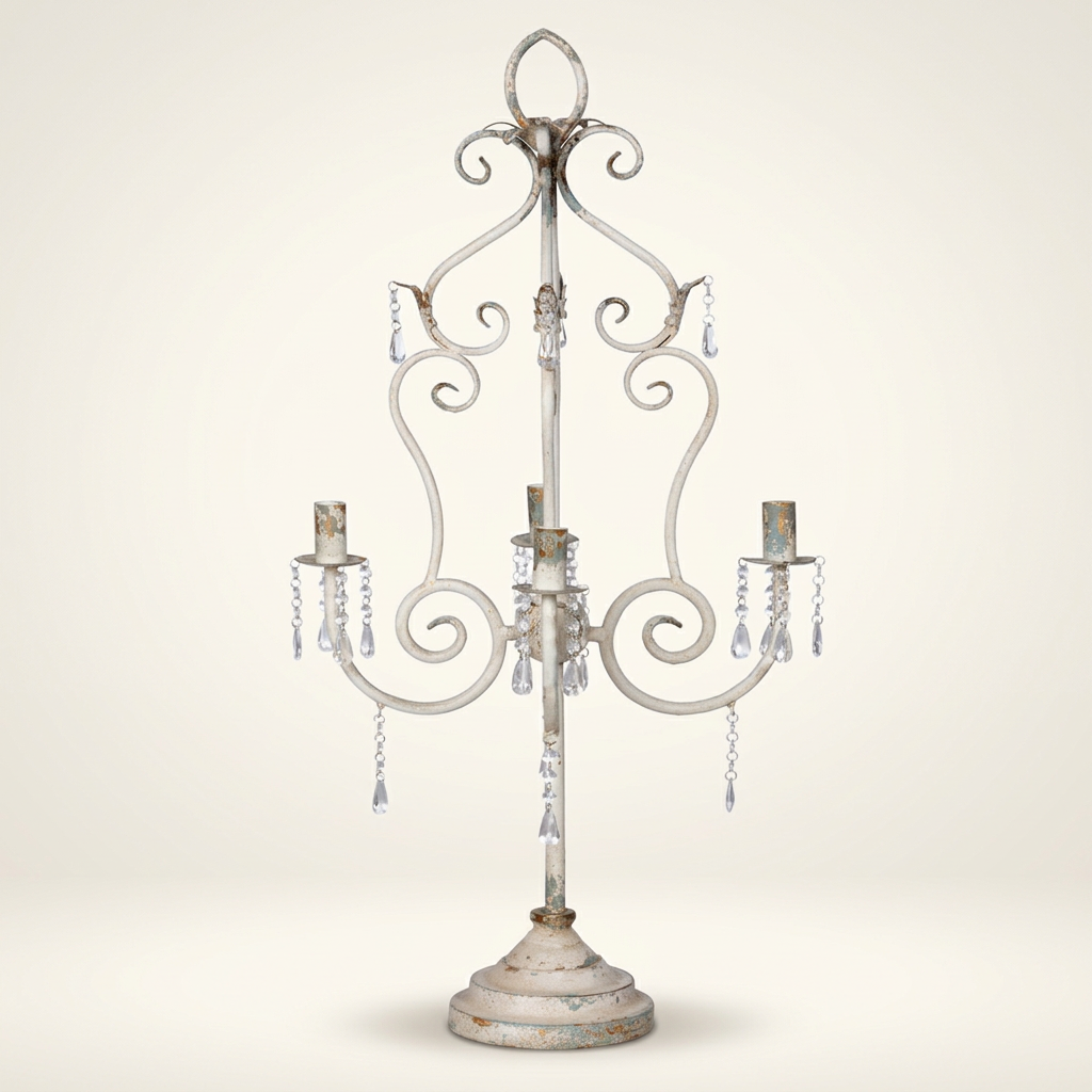 French Country Crystal Table Chandelier with distressed white iron frame and crystal drops against a warm white studio background.