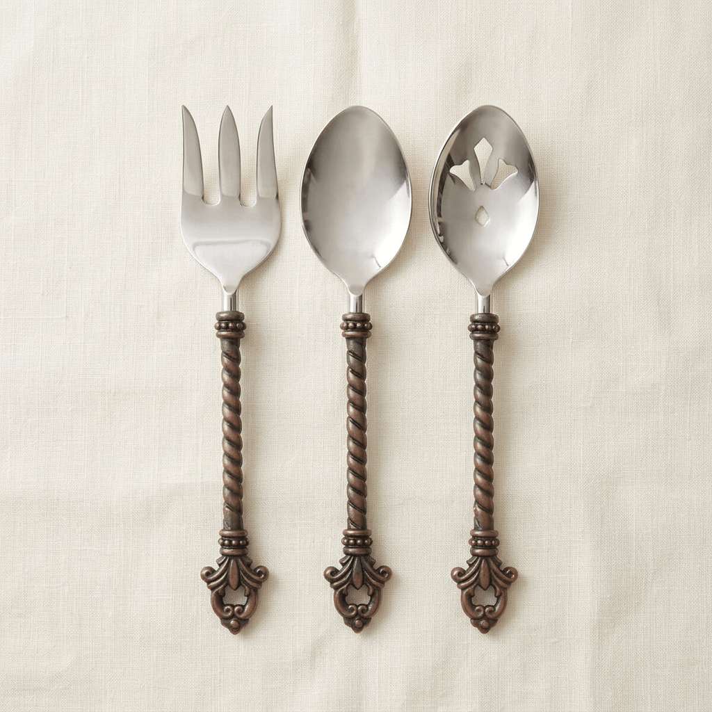 Bellavita three-piece serving set with stainless steel heads and twisted dark brass handles on ivory linen.