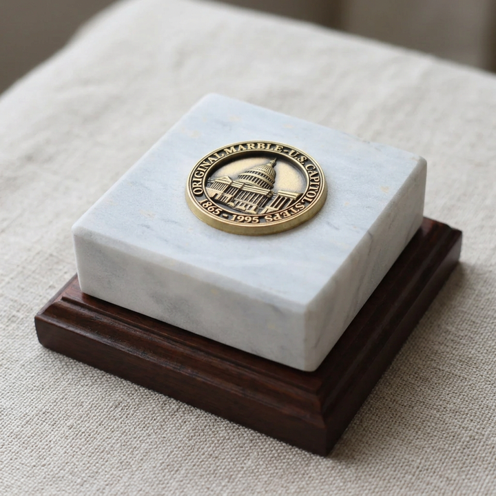 Close detail of Capitol relief medallion mounted on pale marble above a dark walnut base