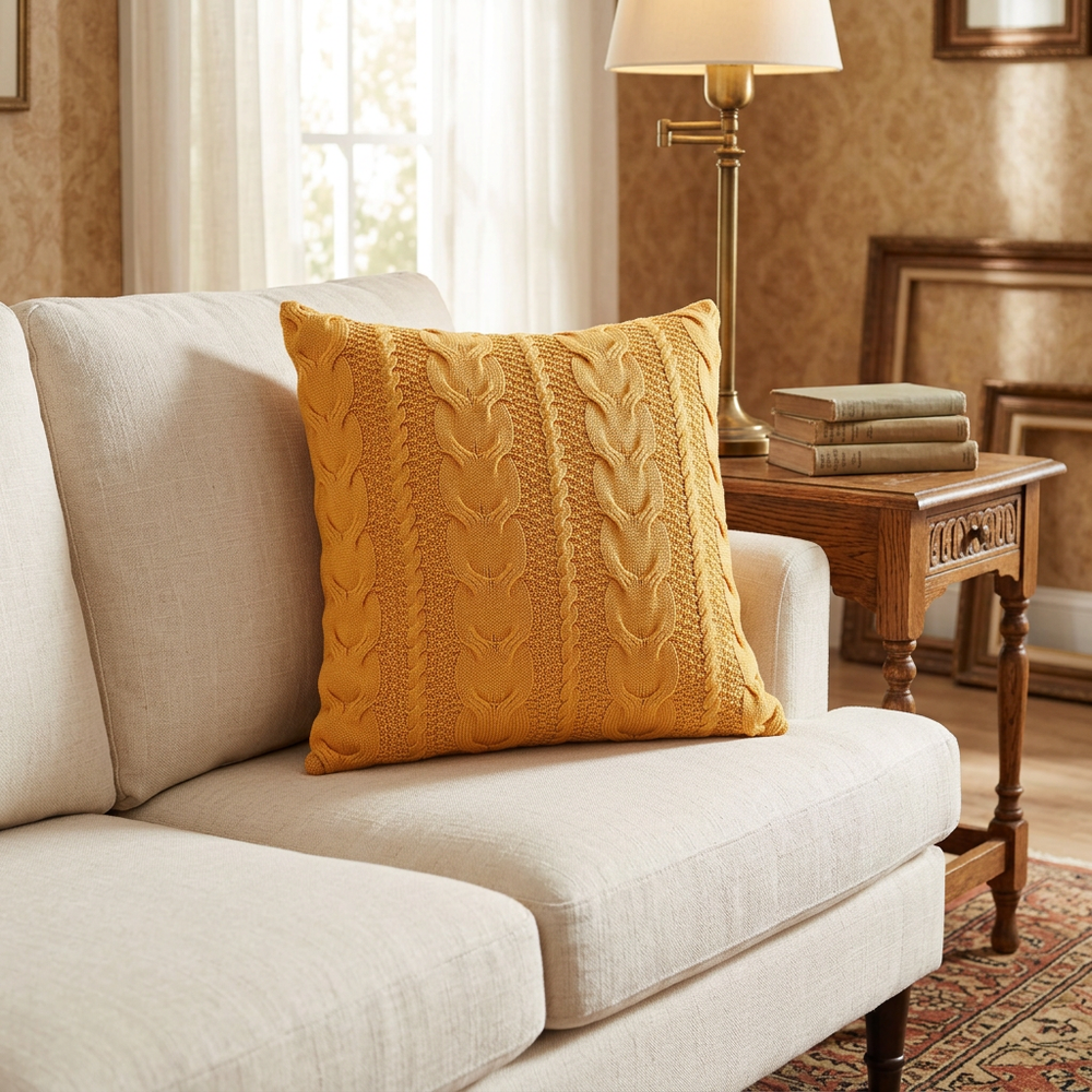 Ochre cable-knit Euro pillow styled on a cream linen sofa in a vintage-inspired living room.