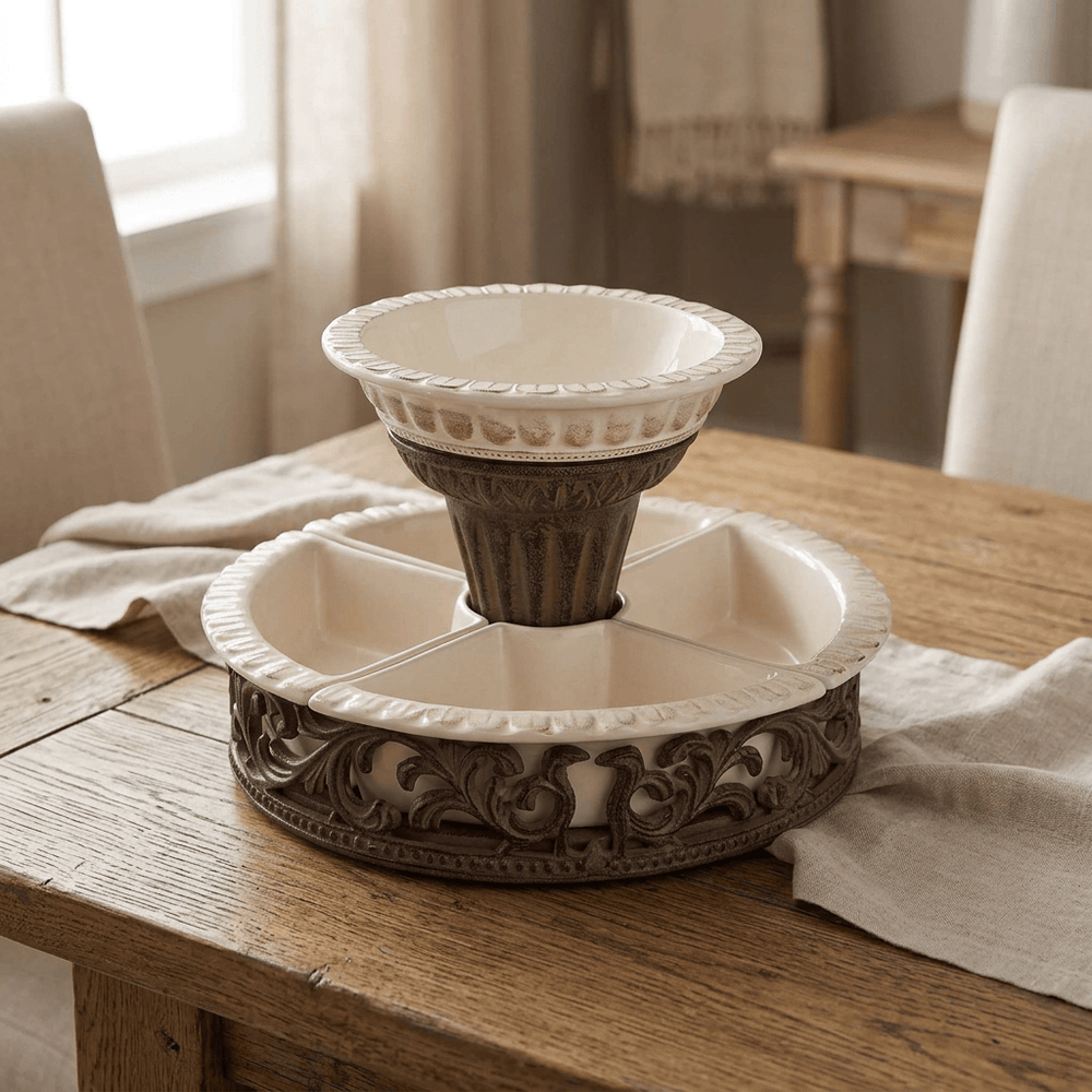 Bellavita divided cream serving dishes and raised dip bowl in dark metal supports on a wood dining table