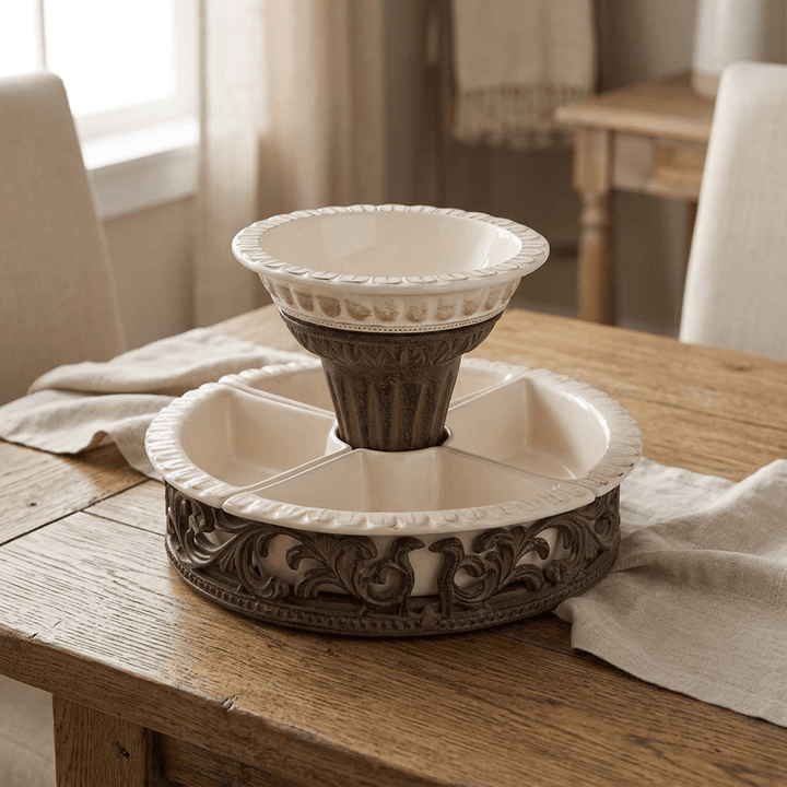Bellavita divided cream serving dishes and raised dip bowl in dark metal supports on a wood dining table
