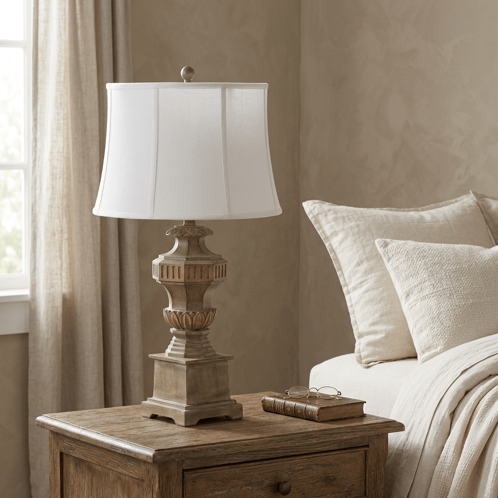 Evangeline classical table lamp on an oak bedside table in a French country bedroom