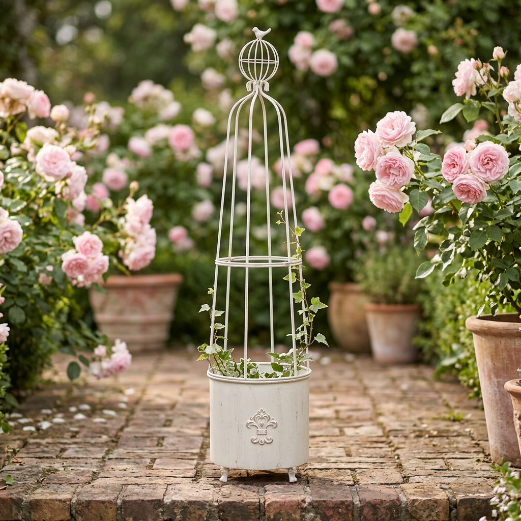 Antiqued White Fleur-de-Lis Garden Planter Obelisk on a garden terrace