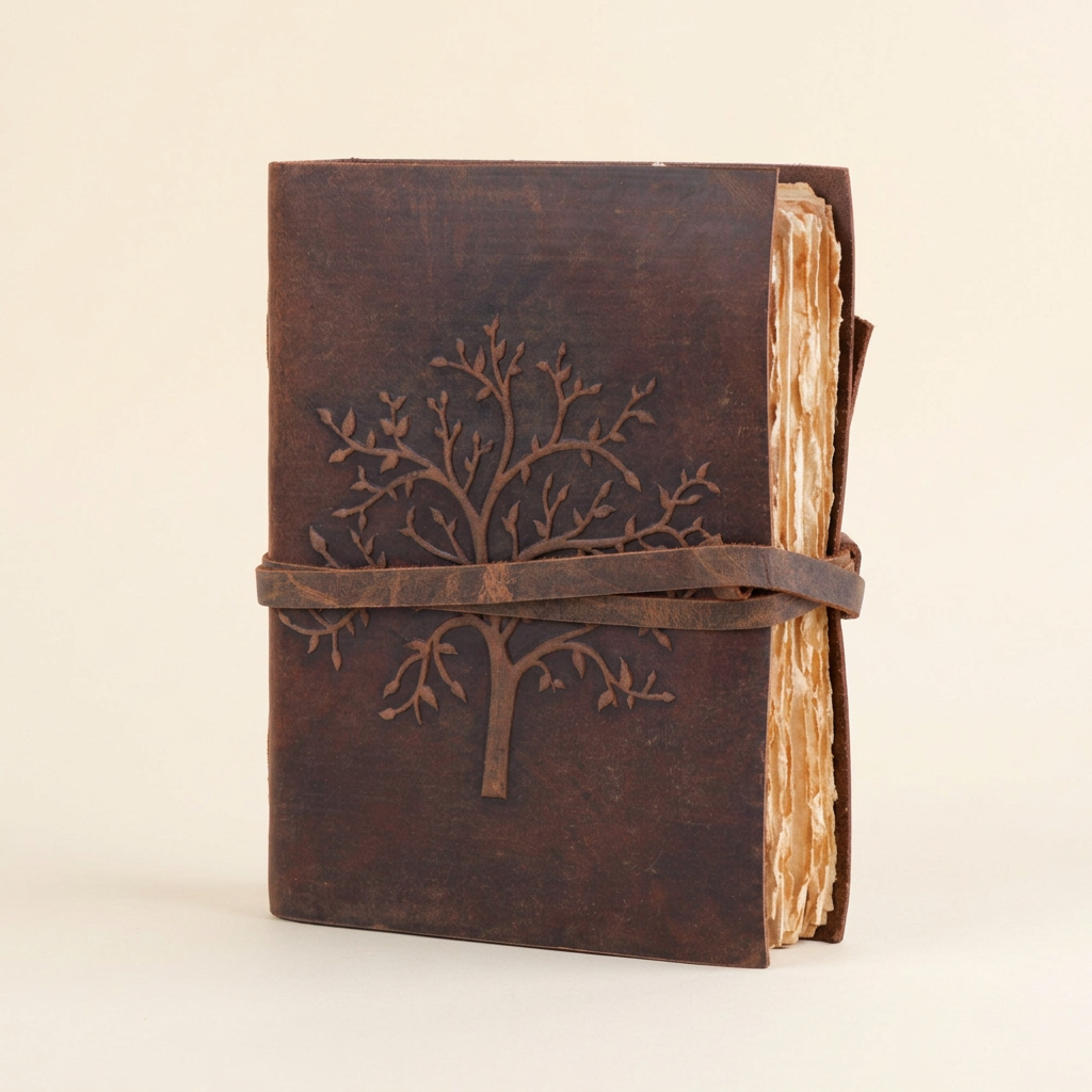 Brown Tree of Life embossed buffalo leather journal with wraparound strap on an ivory background