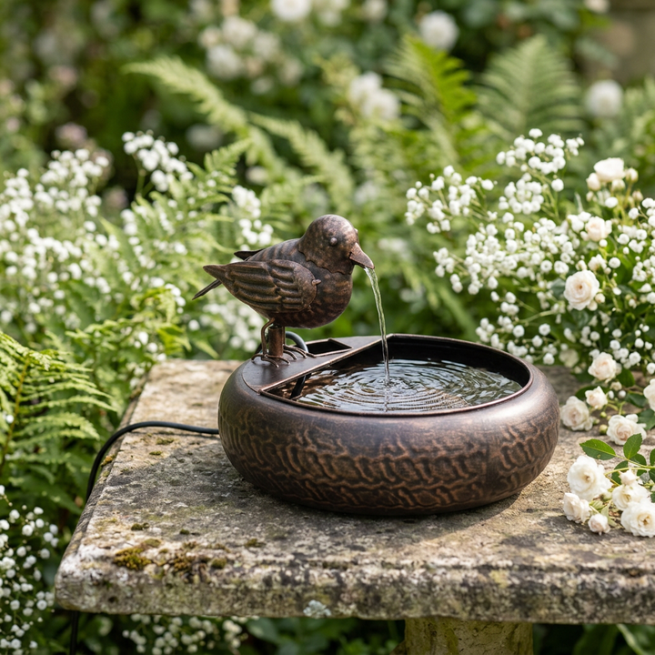 Songbird Folk Art Fountain in black bronze on a cottage garden table