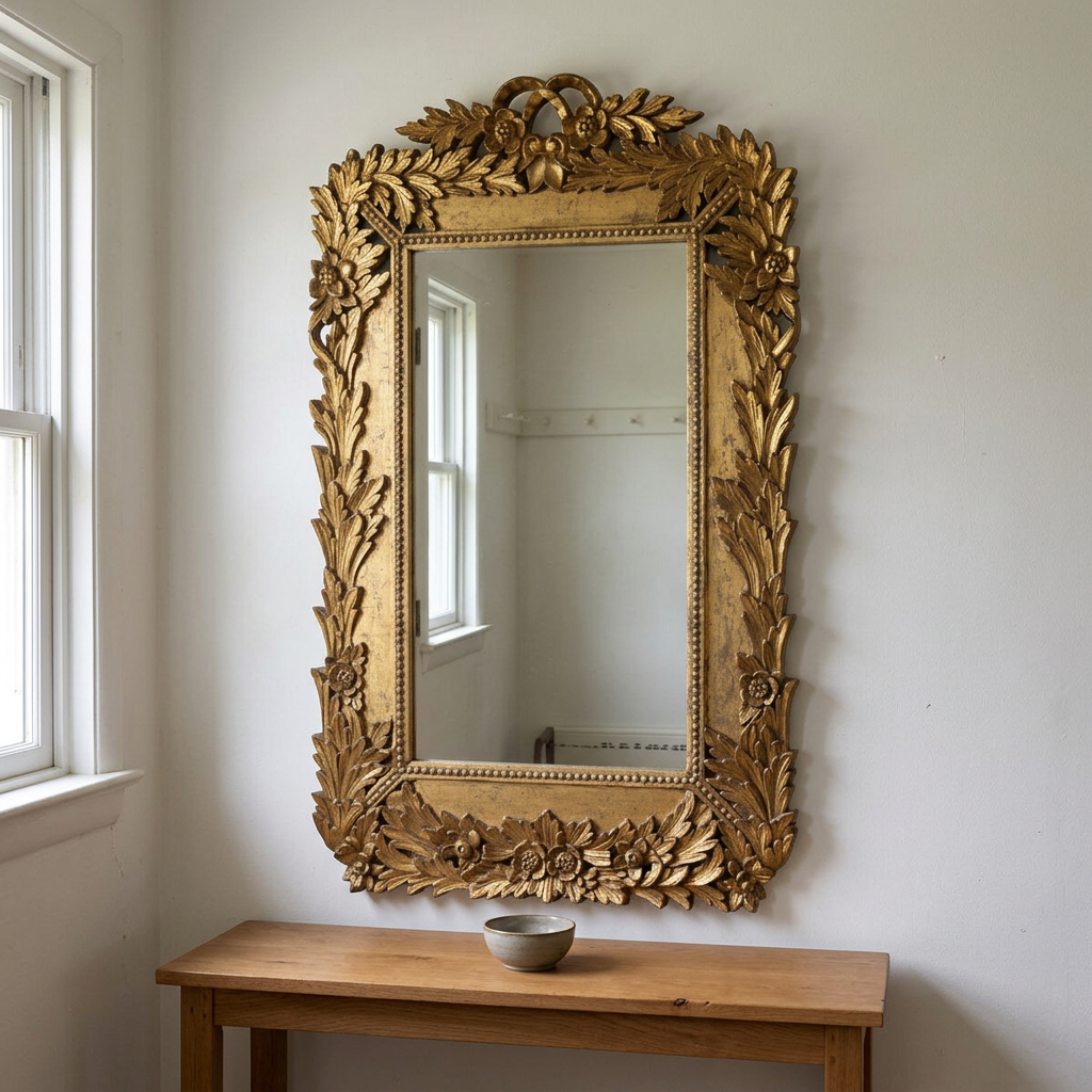 Gold Chantilly laurel wall mirror above a simple oak entryway console