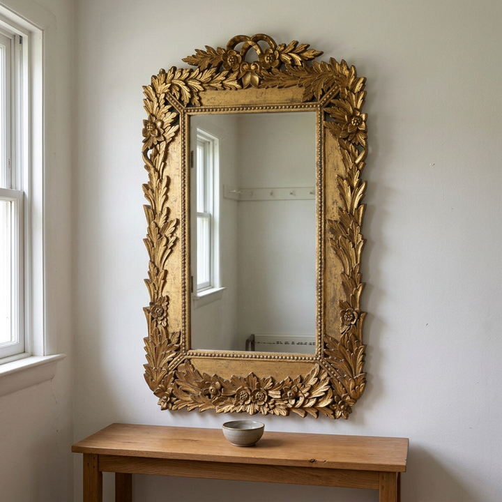 Gold Chantilly laurel wall mirror above a simple oak entryway console
