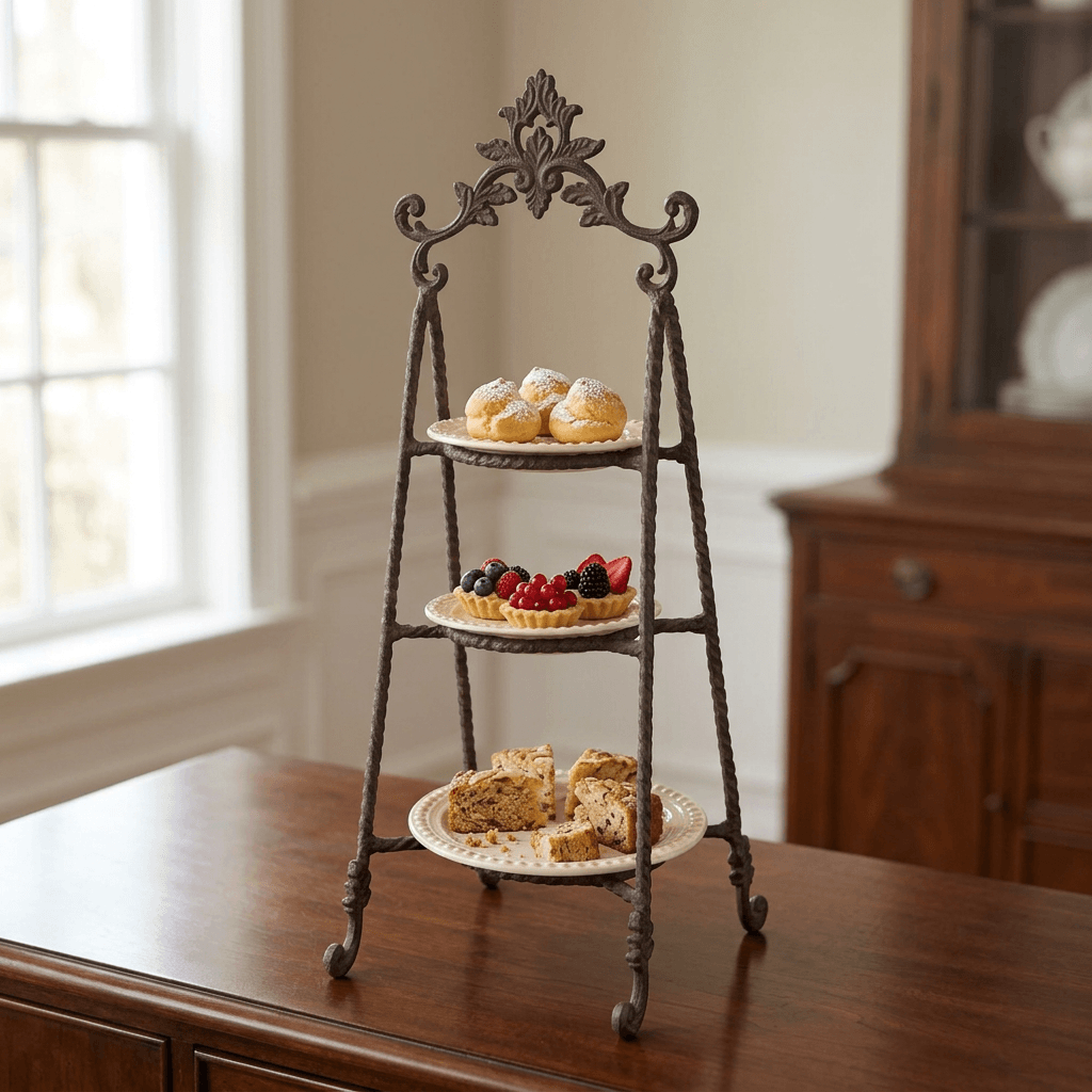 Bellavita three-tier serving stand displaying cream puffs, berry tartlets and cake slices on its three cream plates
