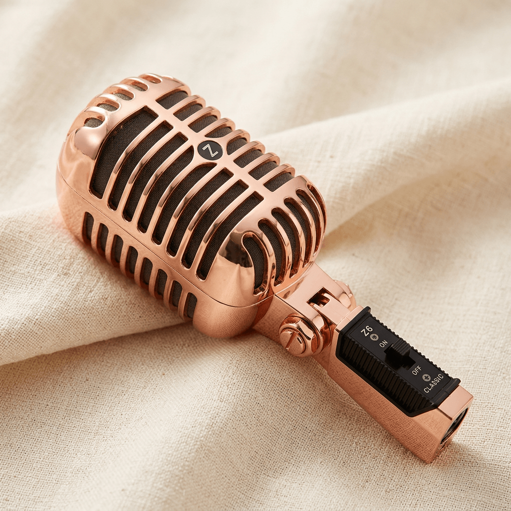 Rose gold Z6 microphone with slotted grille and black switch panel resting on cream linen.