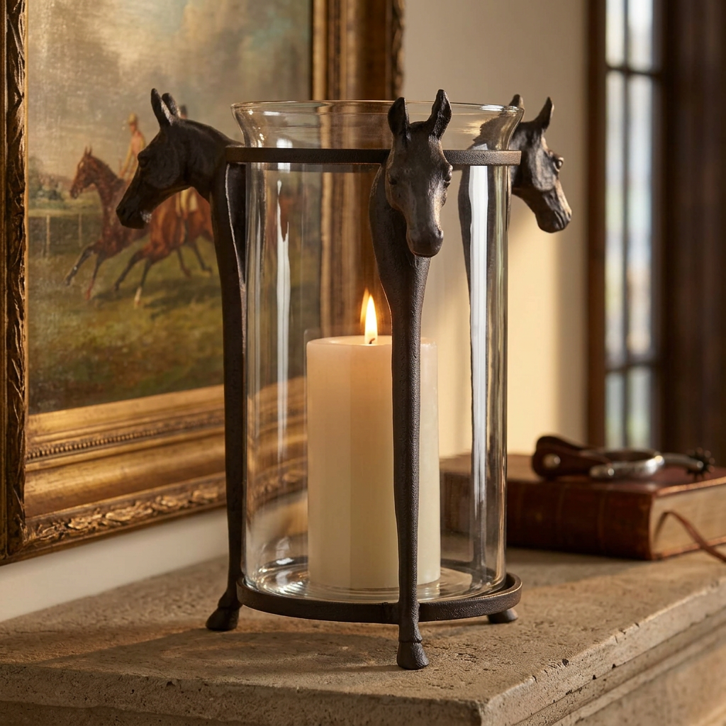 Equestrian hurricane candleholder on a candlelit stone mantel