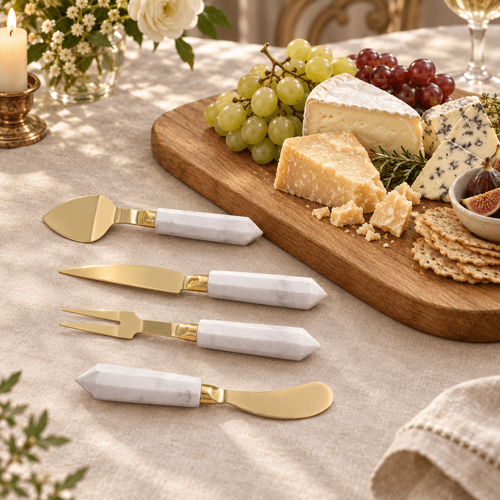 White marble and gold cheese utensils styled beside cheeses and grapes on a wooden serving board