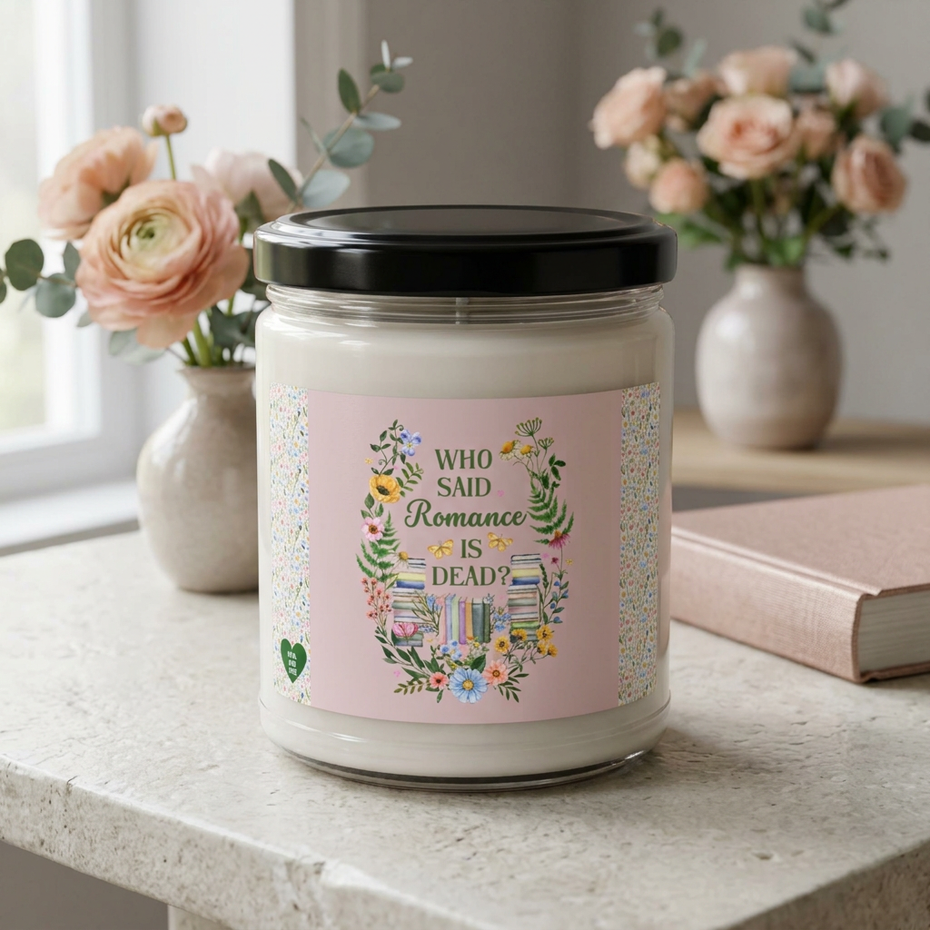Pink floral book-themed candle displayed on a pale stone table with blush flowers in the background.