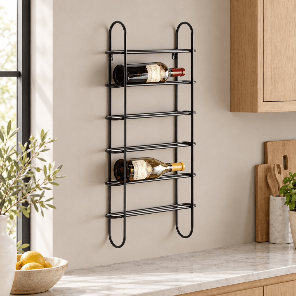 Black iron six-bottle wall wine rack beside oak kitchen cabinetry and a marble countertop.