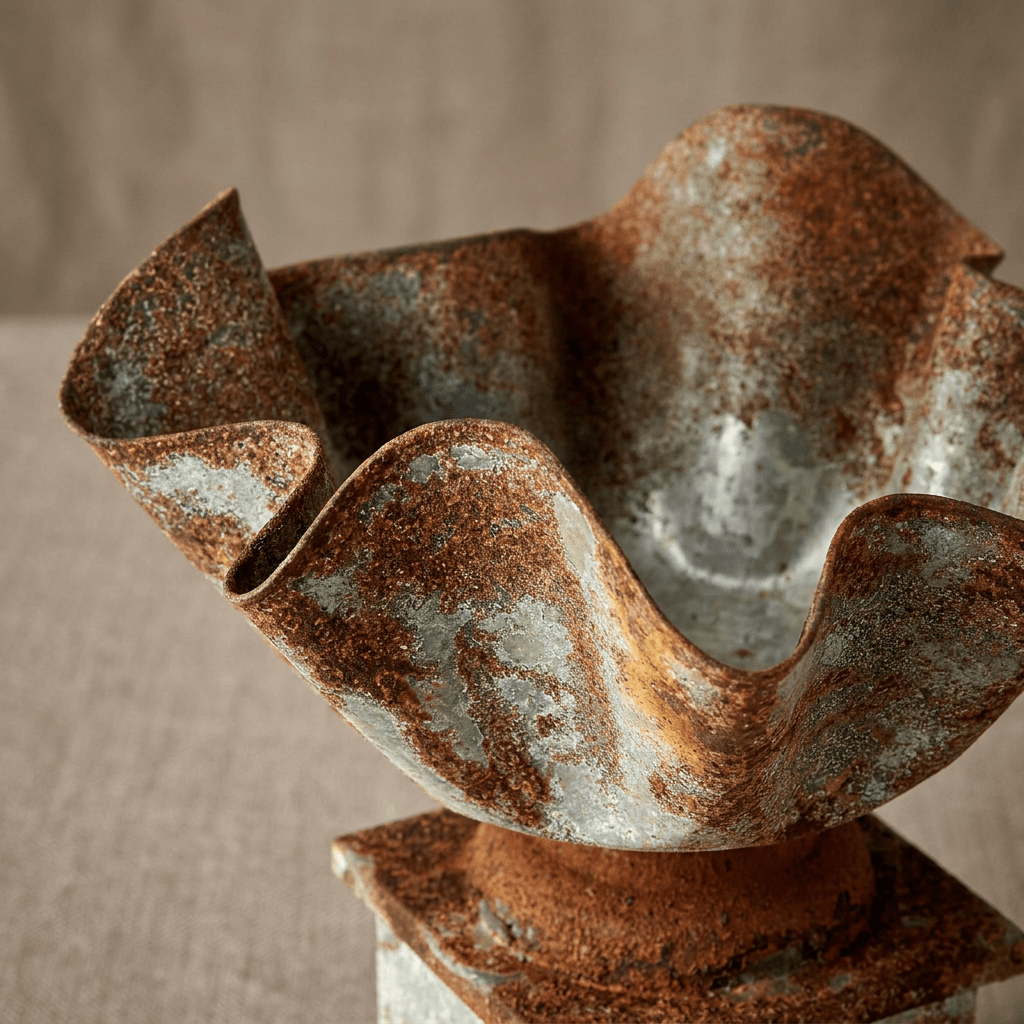 Close-up of the planter's folded handkerchief rim and distressed silver galvanized finish with rust-brown patina.