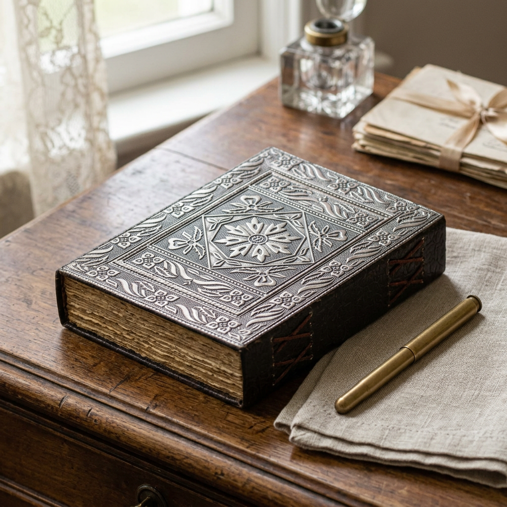 Silver floral embossed leather journal styled on a walnut writing desk beside linen and a pen