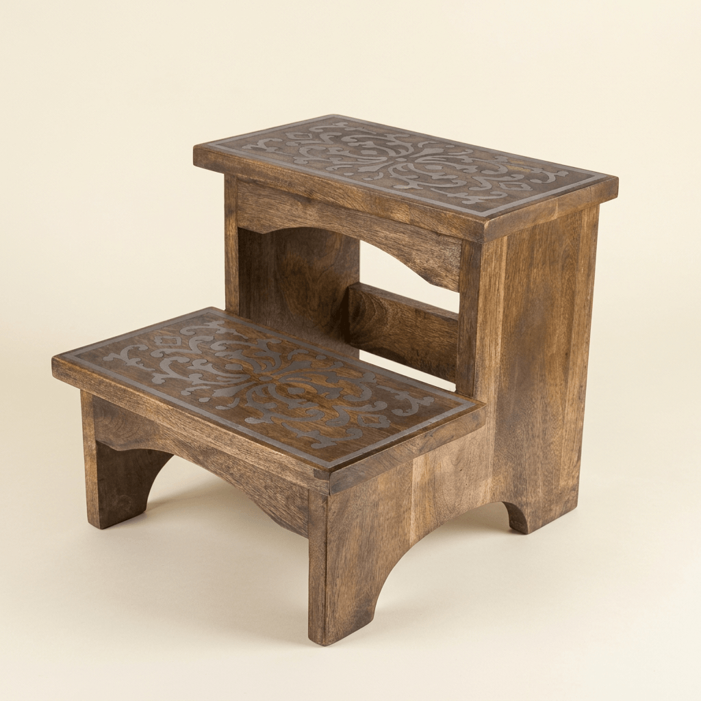 Belvedere two-step mango wood stool with ornate metal inlay on both treads and arched wooden supports against an ivory studio background.