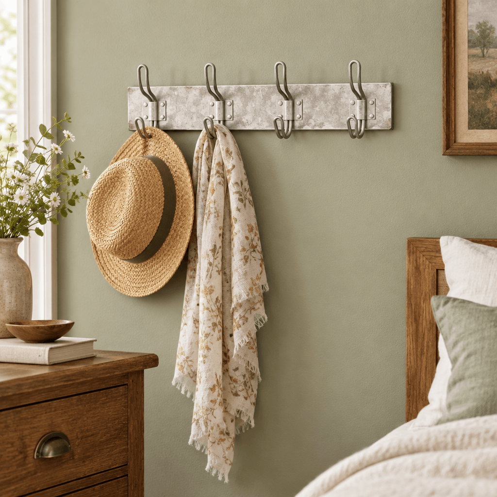 Metal Wall Hook Rack holding a straw hat and scarf on a sage bedroom wall