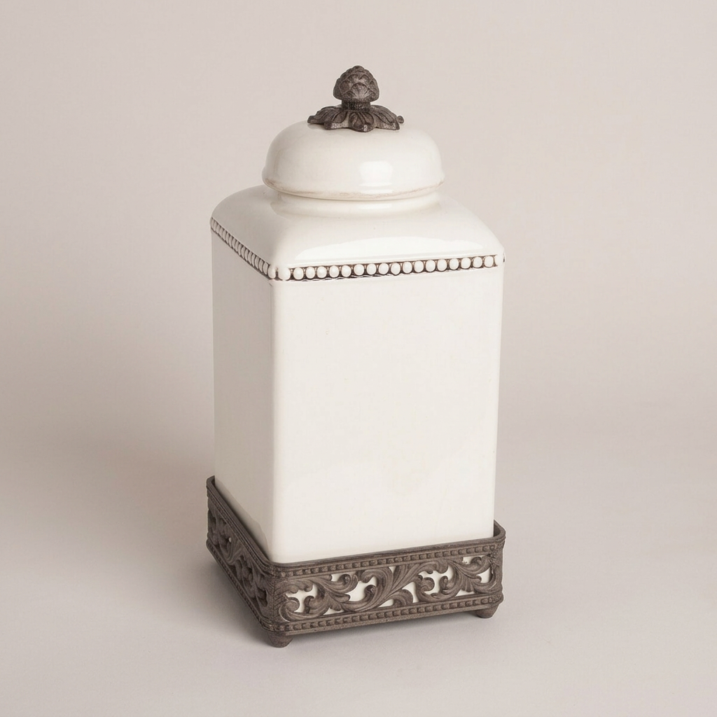 Tall Bellavita square canister with cream ceramic body and dark acanthus metal base.