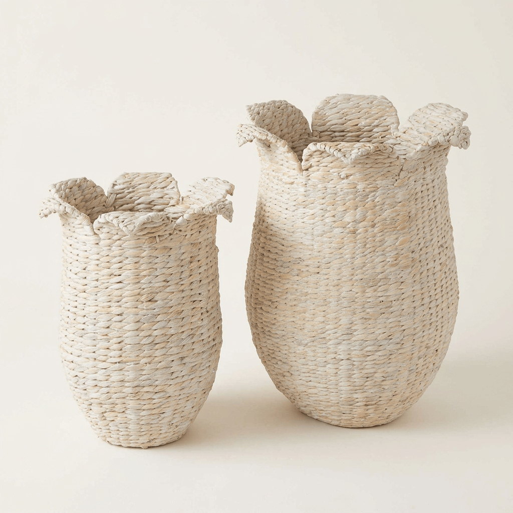 Two whitewashed woven water hyacinth storage baskets with petal-shaped rims on a neutral studio background.