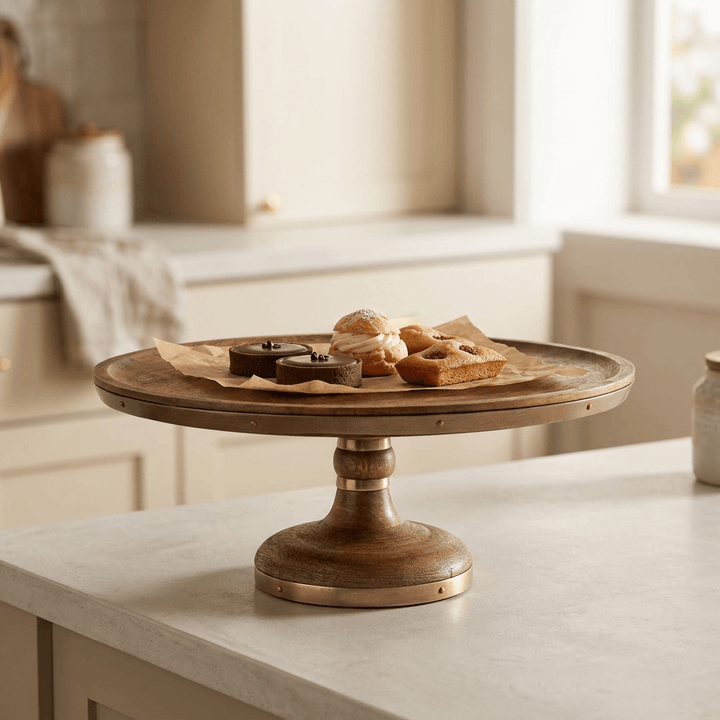 Aurelle mango wood cake stand holding pastries on parchment on a cream kitchen island