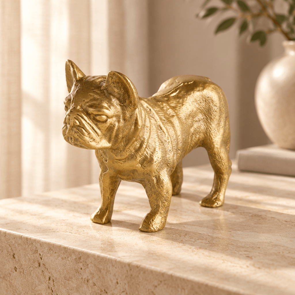 Gold bulldog sculpture styled on a pale stone console table in soft natural light.