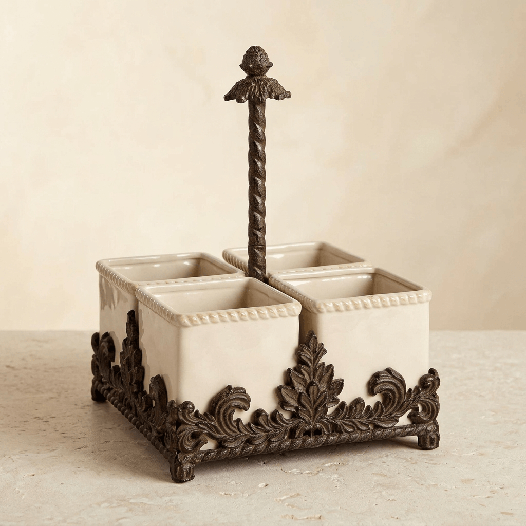 Closer view of Bellavita caddy showing four cream containers, acanthus metalwork and twisted central stem