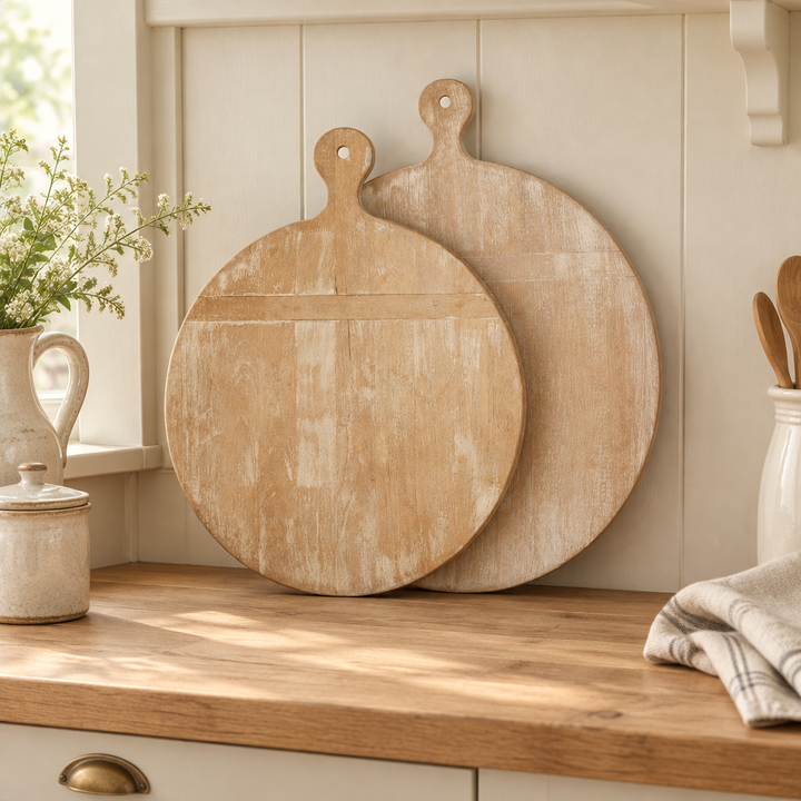 Whitewashed round wooden board pair leaning against a backsplash on an oak kitchen counter.