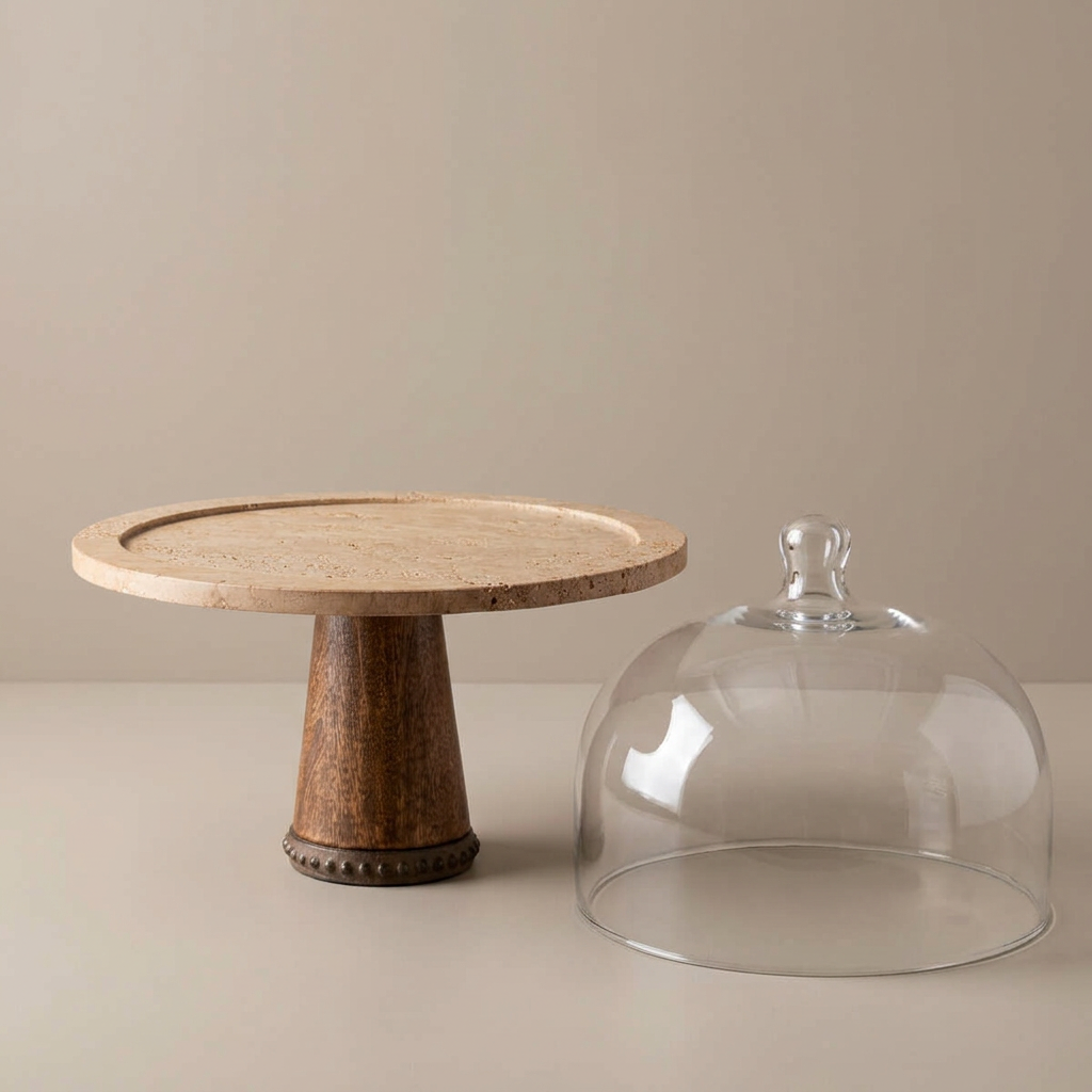 Maribel marble pedestal cake stand with its glass dome resting alongside.