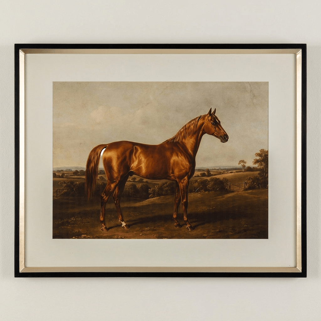 Chestnut thoroughbred horse print with a pastoral background, ivory mat, and black frame with a gold-toned inner edge.