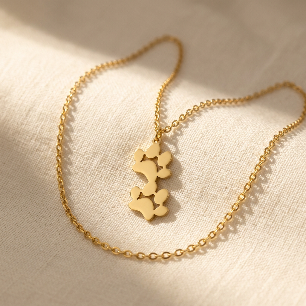 Gold Double Paw Pendant Necklace arranged on ivory linen.