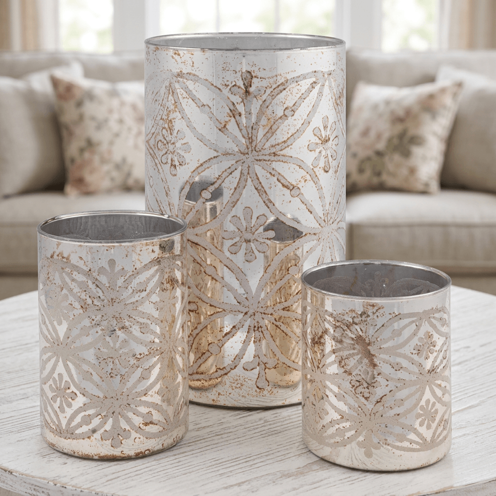 Etched Floral Mercury Glass Candle Holders (Set of 3) as a centerpiece on a whitewashed coffee table