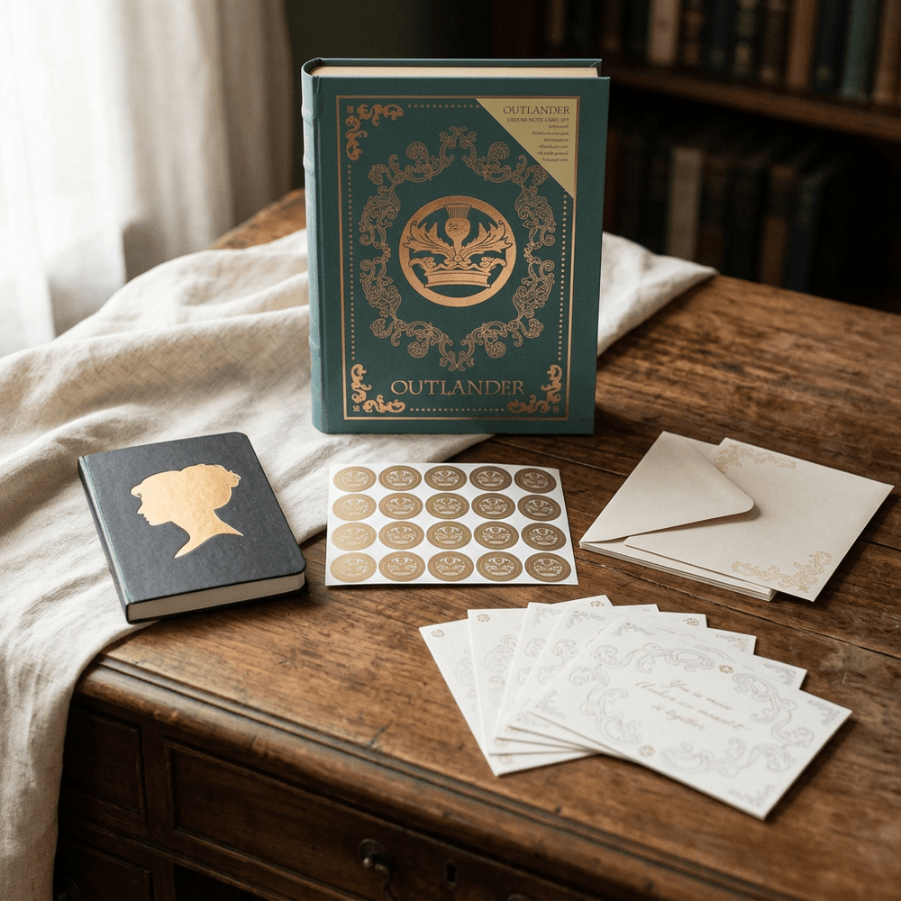 Outlander keepsake book box, journal, notecards, envelopes, and stickers styled on a walnut writing desk.