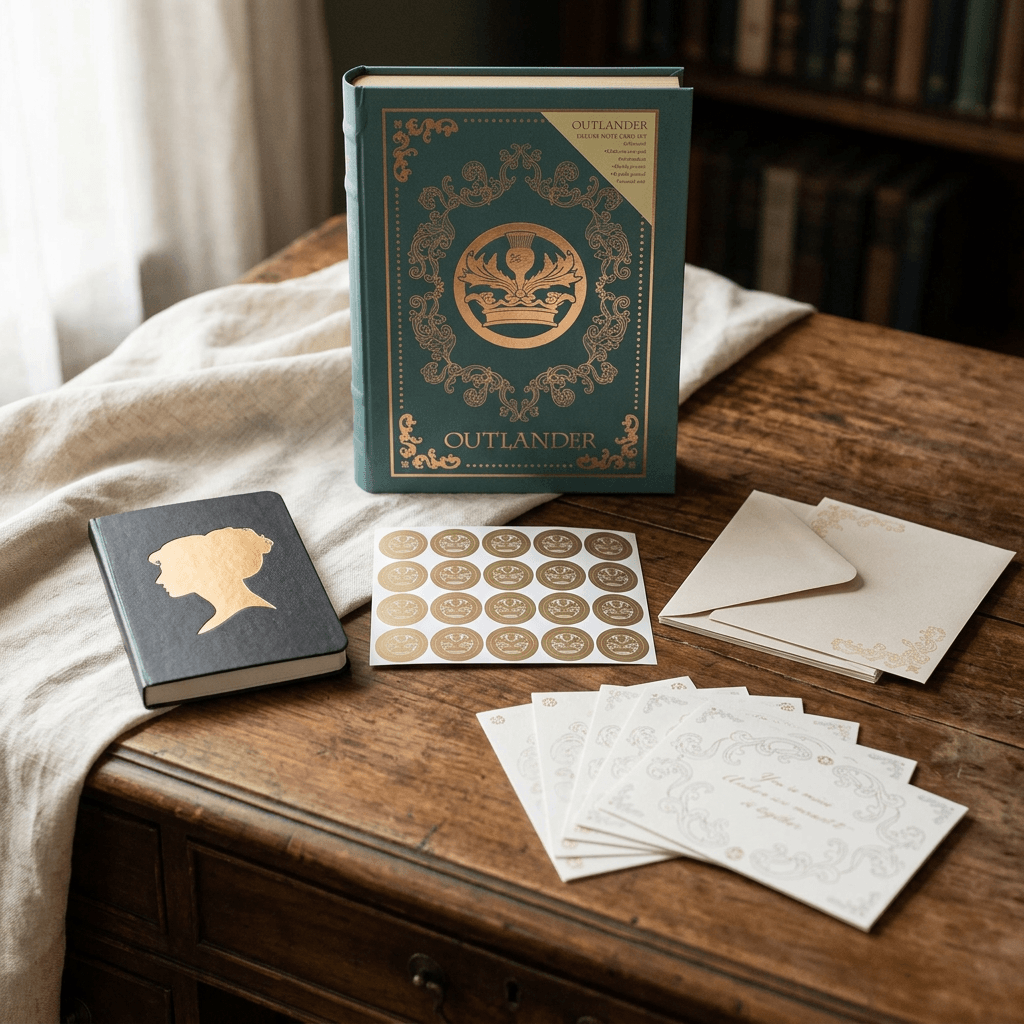 Outlander keepsake book box, journal, notecards, envelopes, and stickers styled on a walnut writing desk.