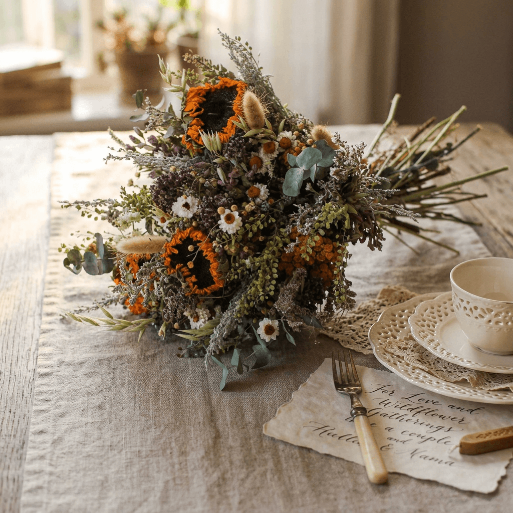 Dried sunflower bouquet with eucalyptus and daisies resting on a linen wedding table beside vintage china.