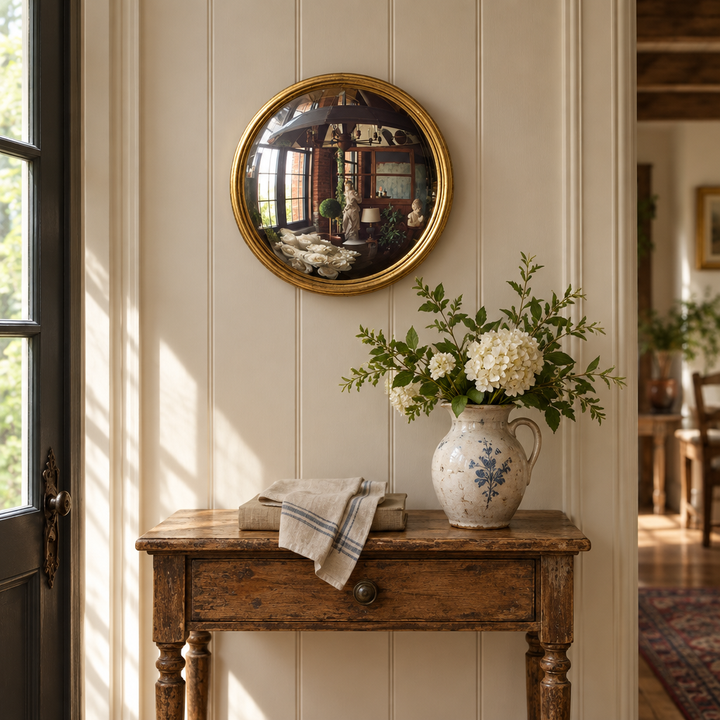 Gold Leaf Convex Bullseye Mirror styled above a wood entryway console