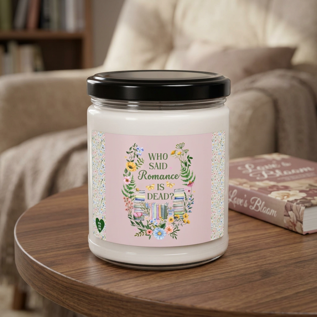 Glass candle jar with black lid and pink floral book label styled on a walnut reading table.