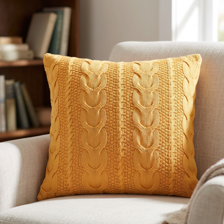 Ochre cotton Euro pillow with raised cable-knit texture styled on a pale upholstered reading chair.