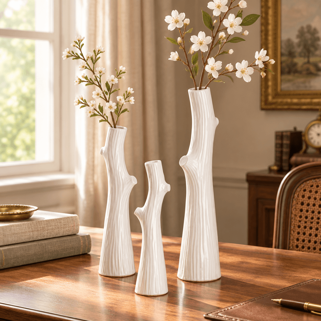 White ceramic branch vases styled with delicate artificial flowering stems on an indoor writing desk.