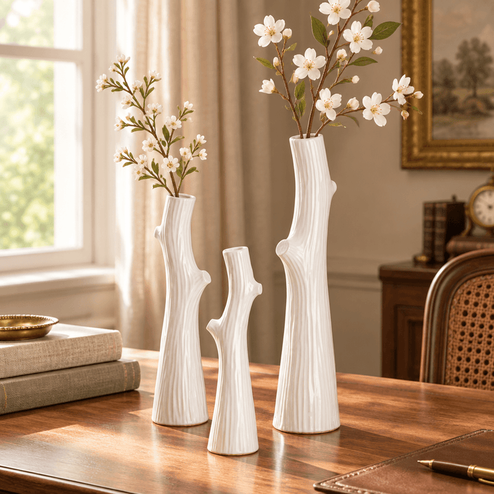 White ceramic branch vases styled with delicate artificial flowering stems on an indoor writing desk.