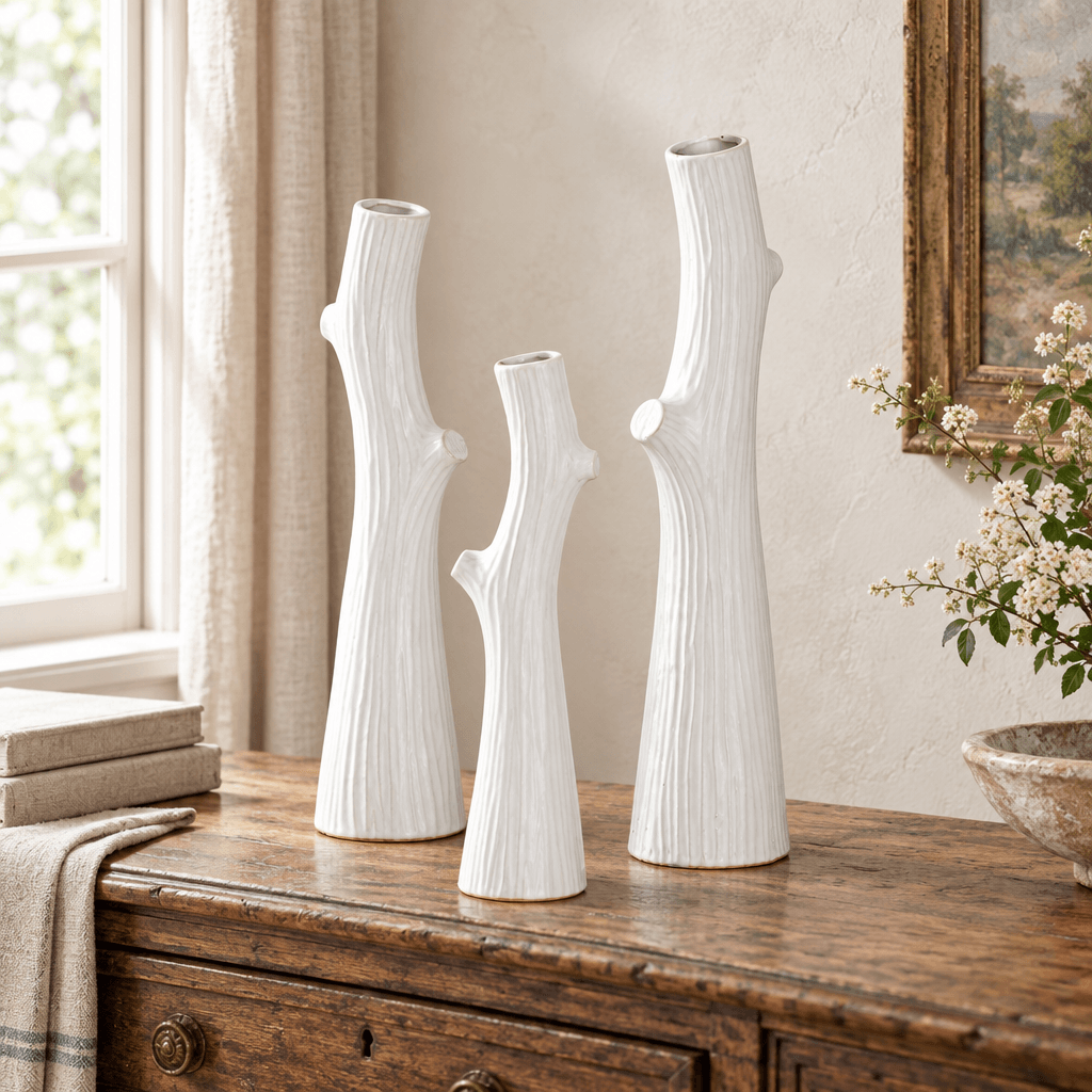 Three white ceramic branch-shaped vases in graduated heights on an antique wooden console.