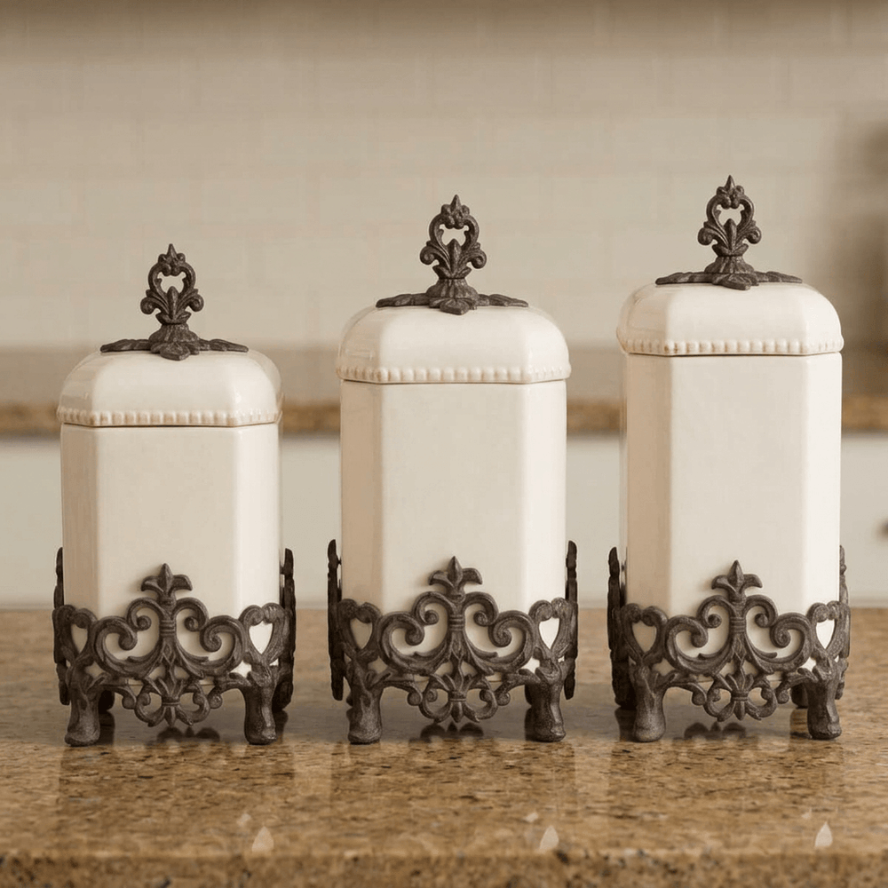 Three Bellavita canister size options displayed together, 14, 15 and 16 inches high; each sold individually.