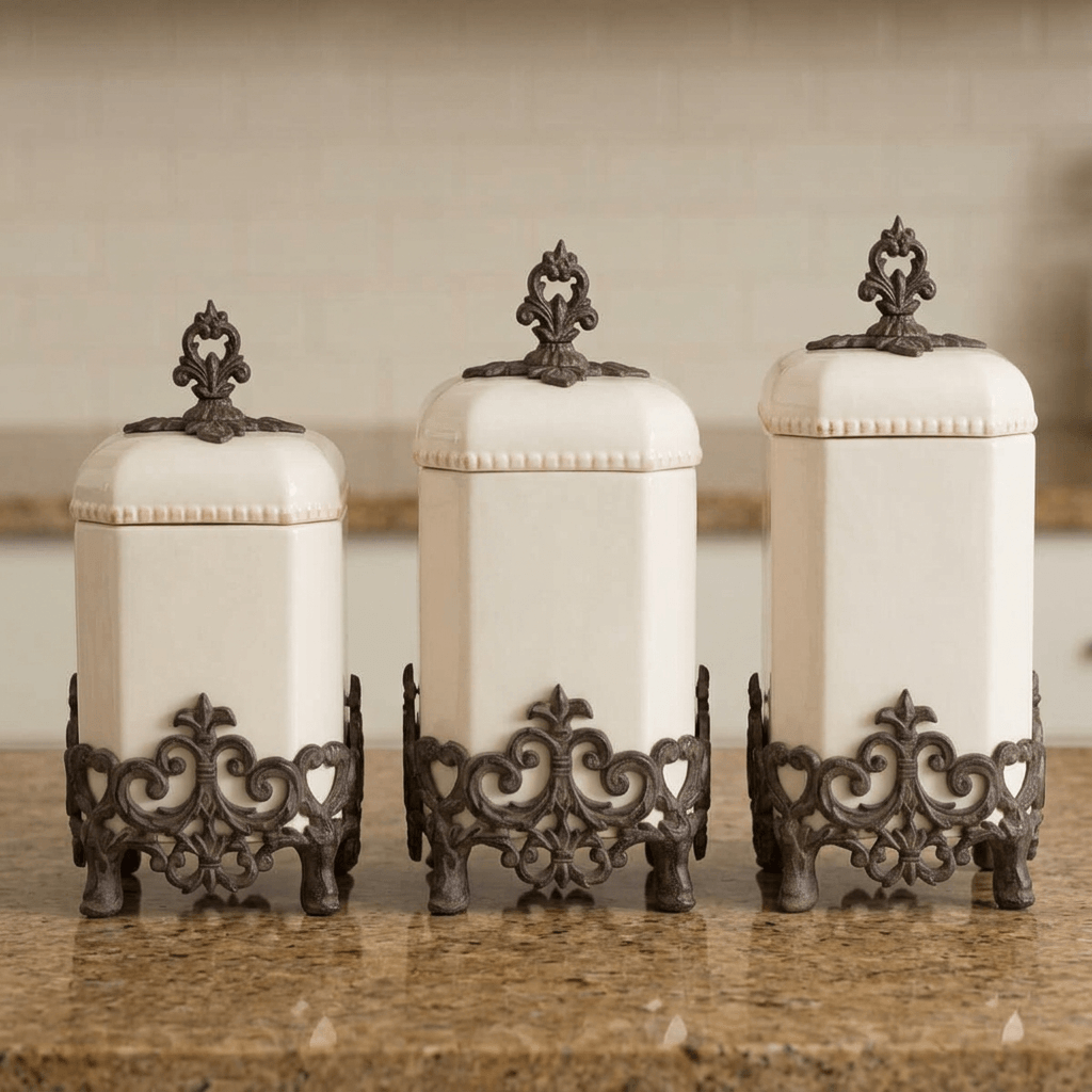 Three Bellavita canister size options displayed together, 14, 15 and 16 inches high; each sold individually.