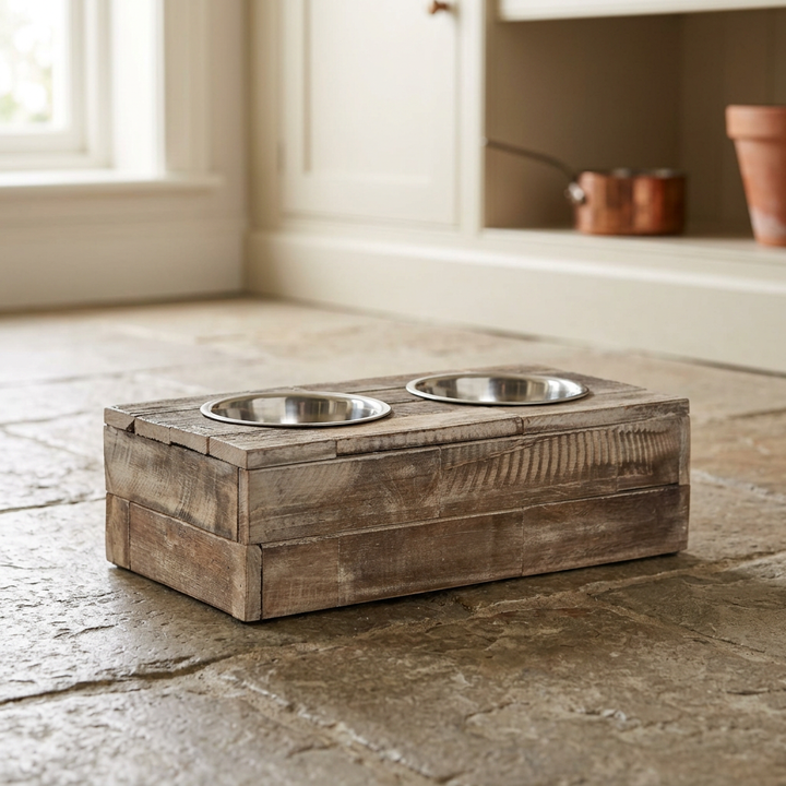 Small reclaimed wood double bowl pet feeder on a stone floor in a neutral cottage kitchen.