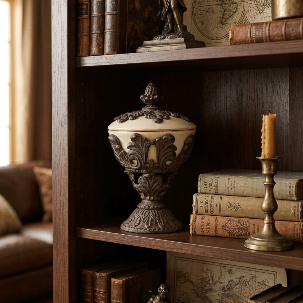 Bellavita Stoneware Lidded Nut Bowl displayed on a wooden bookshelf beside vintage books and a brass candlestick