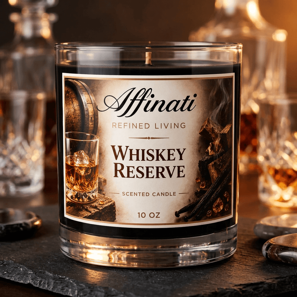 Whiskey Reserve candle in a clear glass jar on a dark stone home-bar console with warm amber lighting.