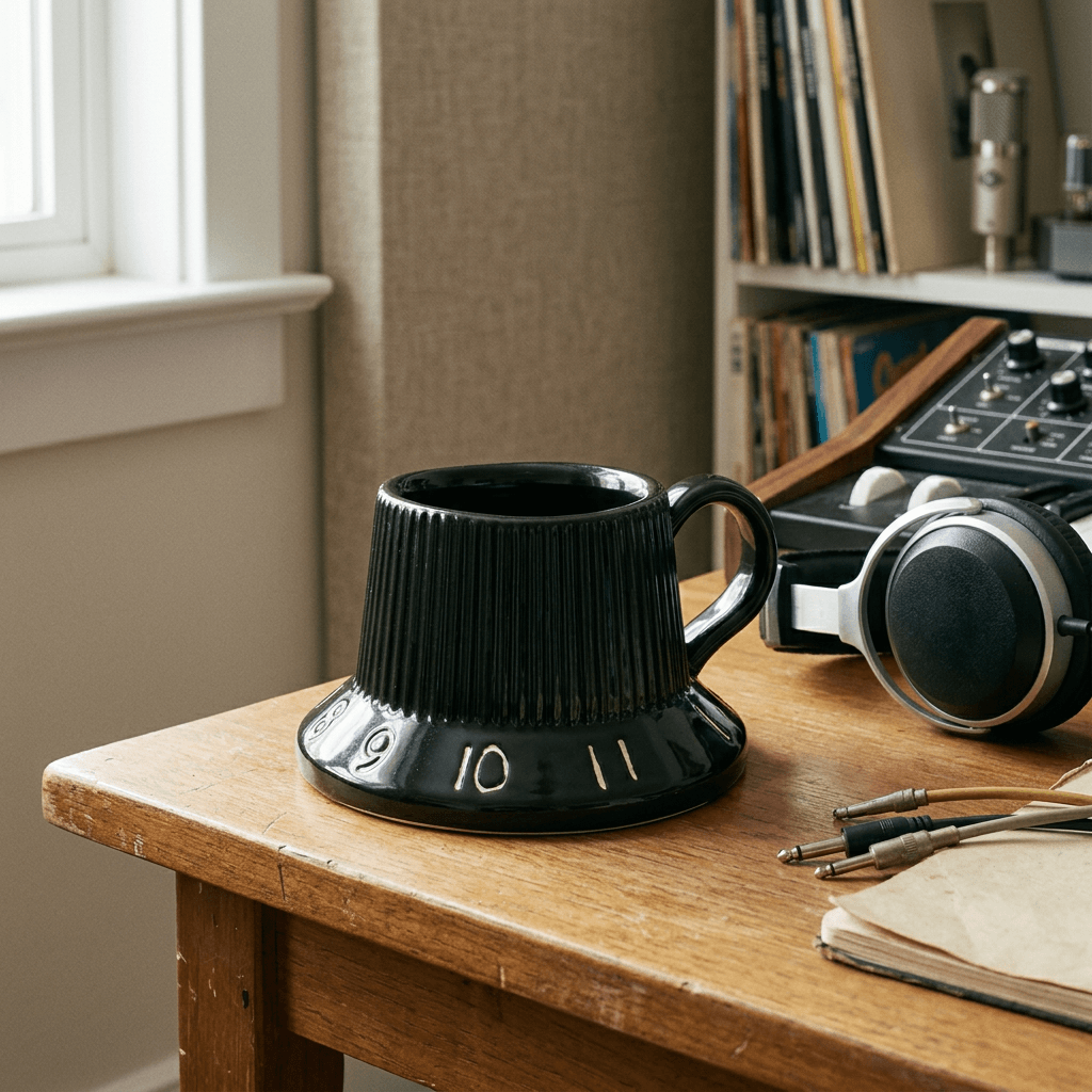Black ribbed guitar volume knob mug on a desk beside headphones in a home recording corner.