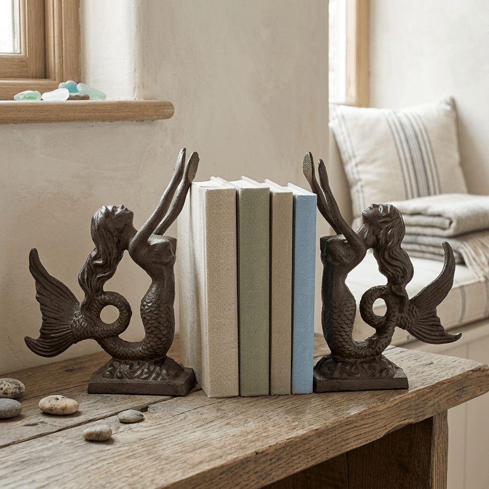 Mermaid bookends framing books on a wood shelf in a coastal reading nook