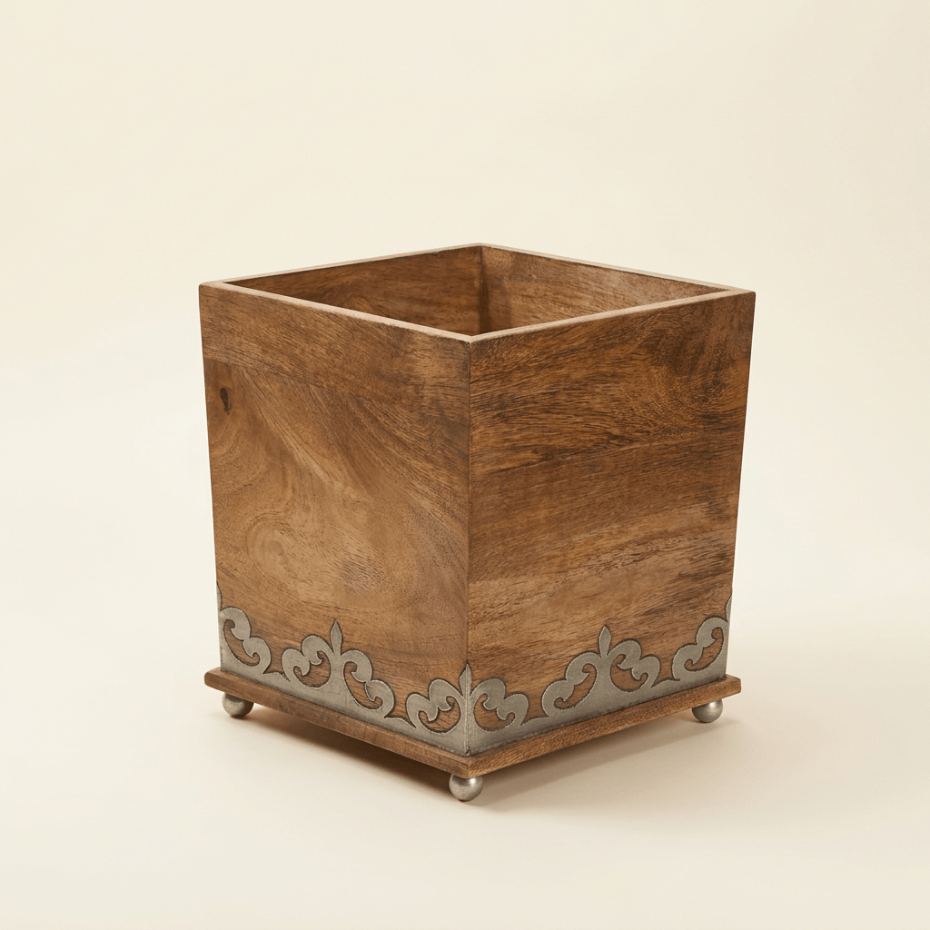 Belvedere square mango wood waste basket with silver-tone scrollwork inlay and small metallic feet on an ivory background.