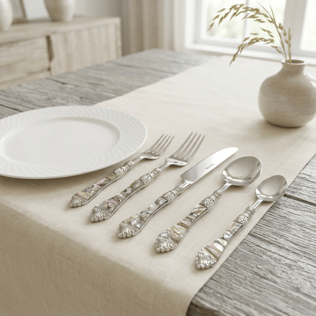 Vintage Coastal Flatware Set with Abalone Inlay Handles (Set of 20)